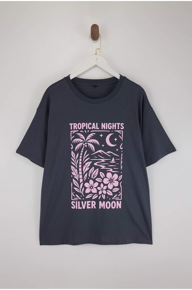 Anthracite 100% Single Jersey Printed Oversized /Relaxed Fit Knitted Plus Size T-Shirt
