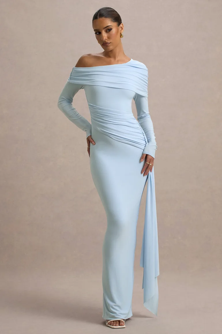 ruched asymmetric maxi dress with drape Casey Asymmetric Ruched Bodice Maxi Dress, Brown  S