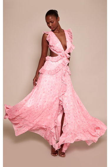Pink Floral Plunge Frill Maxi Dress