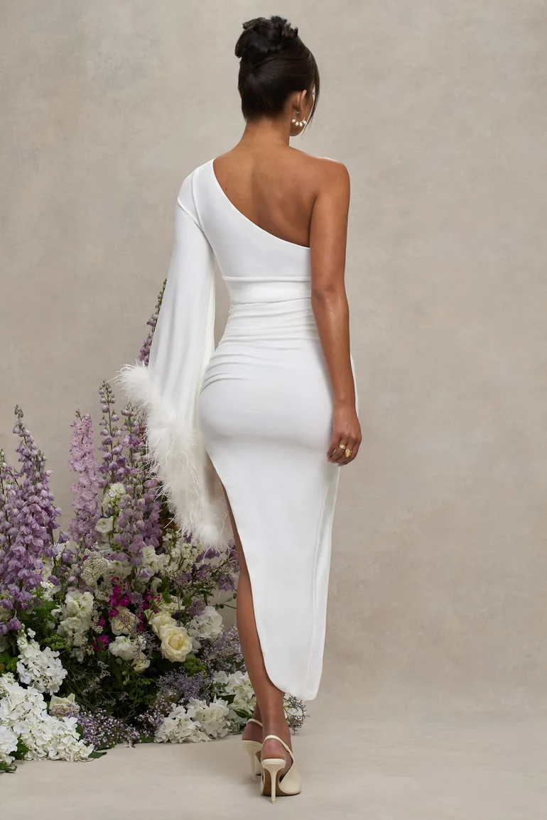 With A Flourish | White Asymmetric One-Sleeved Maternity Maxi Dress With Feathers - 1