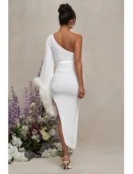 With A Flourish | White Asymmetric One-Sleeved Maternity Maxi Dress With Feathers - 1