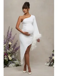 With A Flourish | White Asymmetric One-Sleeved Maternity Maxi Dress With Feathers - 3