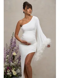 With A Flourish | White Asymmetric One-Sleeved Maternity Maxi Dress With Feathers - 2