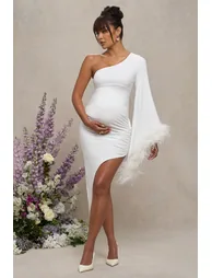 With A Flourish | White Asymmetric One-Sleeved Maternity Maxi Dress With Feathers