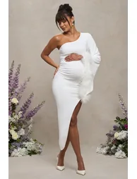 With A Flourish | White Asymmetric One-Sleeved Maternity Maxi Dress With Feathers - 4