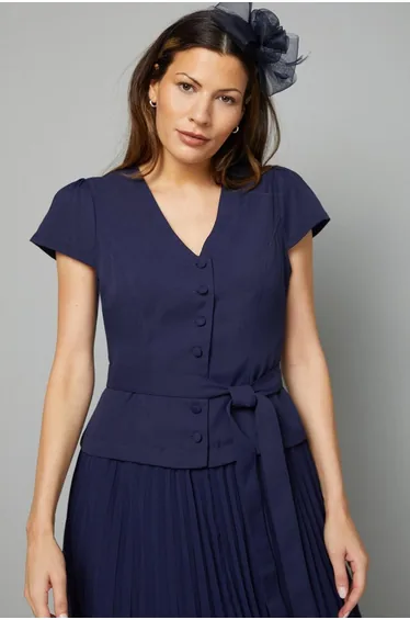 Crepe Button Pleated Midi Dress