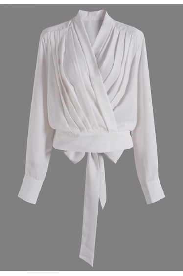 Pleated Front Tie-Back Wrap Top in White for Office Days & Weekend Brunches
