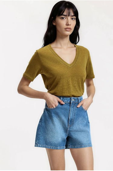 V-Neck Linen T-Shirt with Short Sleeves