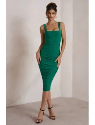 Lisbon | Evergreen Square Neck Ruched Midi Dress