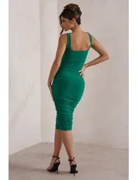 Lisbon | Evergreen Square Neck Ruched Midi Dress - 1