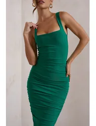 Lisbon | Evergreen Square Neck Ruched Midi Dress - 2