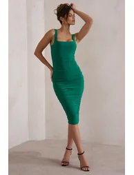 Lisbon | Evergreen Square Neck Ruched Midi Dress - 3