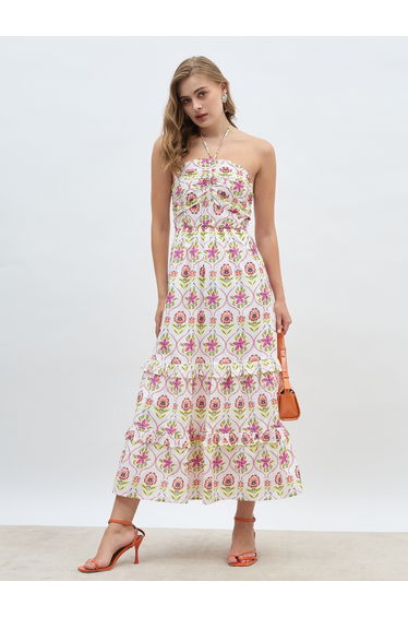 All-Over Print Halter Neck Tiered Maxi Dress