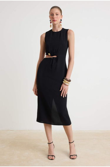 Black Accessory Detailed Lined Cut Out Midi Woven Dress