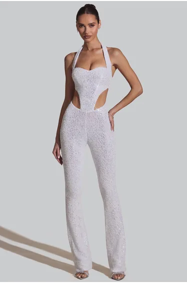 Embellished Cut-Out Jumpsuit in White