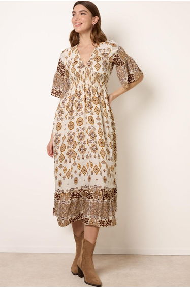 V Neck Border Print Maxi Dress