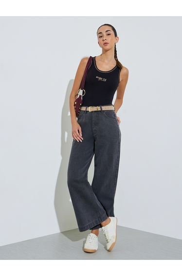 Black Embroidered Ribbed Tank Top
