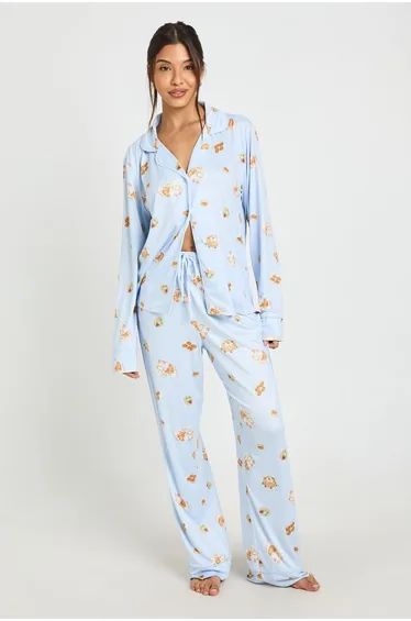 Breakfast Print Piping Detail Long Sleeve & Trouser Pyjama Set - baby blue