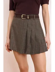 Brown Belted Mini Plaid Pleated Skirt with Shorts Inside - 2