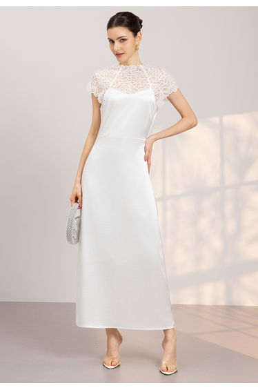 Floral Lace Yoke Satin Maxi Dress in White