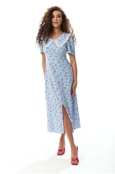 Women's Midi Dress in Blue and White Gingham with Floral Print and Trim Lace Collar.