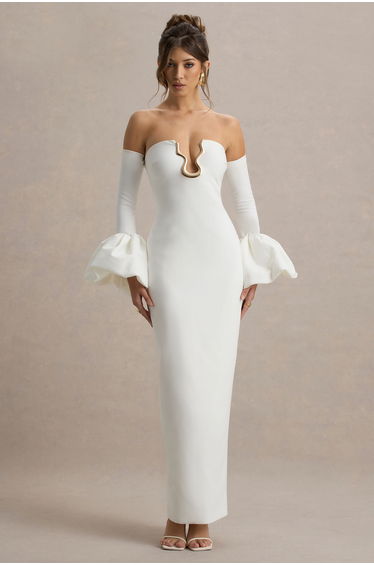 Annalisa | Cream Bandeau Maxi Dress With Satin Cuffs