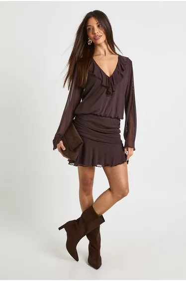 Mesh Ruffle Neck Dropped Waist Mini Dress - chocolate
