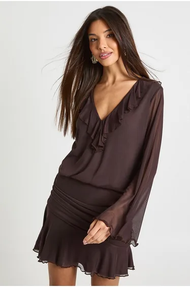 Mesh Ruffle Neck Dropped Waist Mini Dress - chocolate