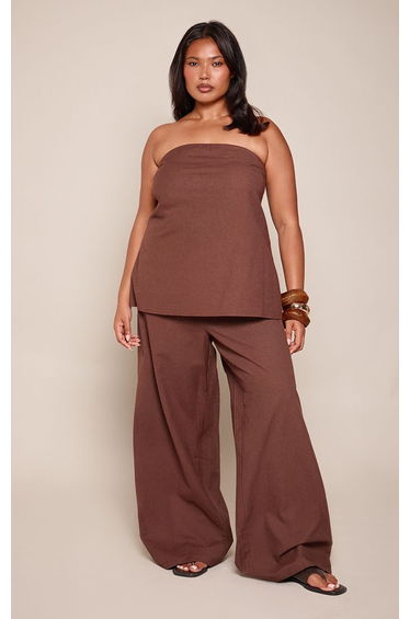 Plus Chocolate Linen Look Wide Leg Trousers Co-ord