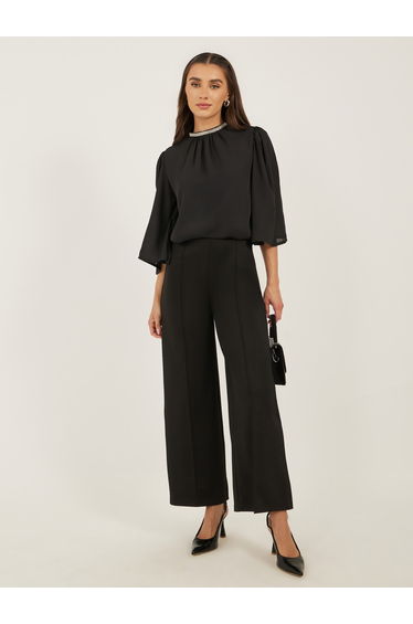 Embellished Neckline Flared Angel Sleeve Blouse