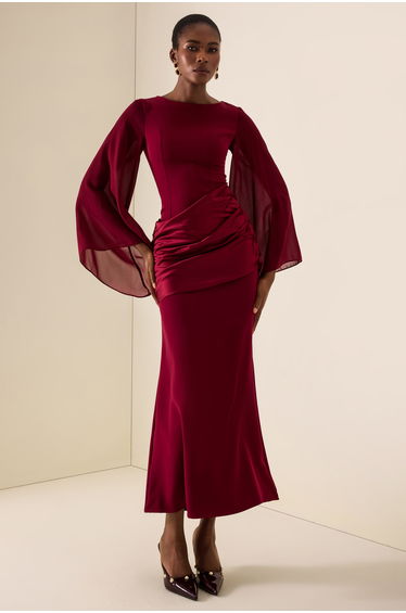 Waterfall Sleeves Pleated Maxi Dress