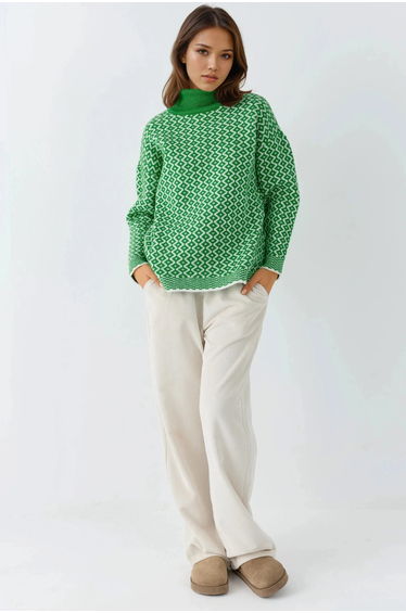 MY FASHION Long Turtleneck Geometric Pattern Ribbed Sweater
