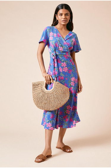 Petite Floral Wrap Front Midi Dress