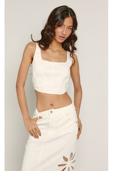 Ivory Denim Corset Top with Cutwork Detail
