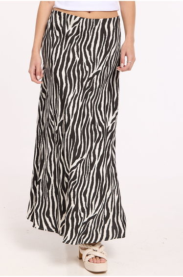 Black Zebra Print Satin Silk Blend Maxi Skirt