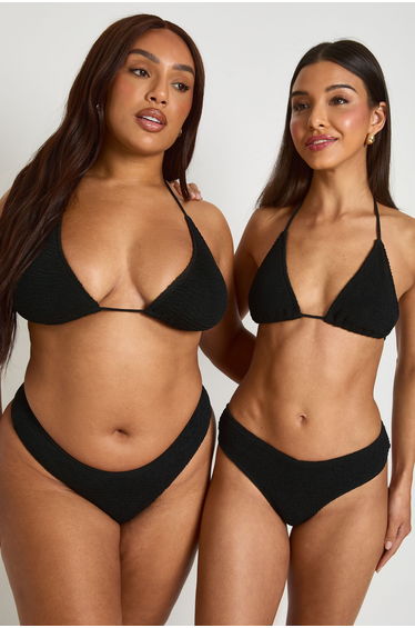 Premium One Size Fits All Crinkle V Front Thong Bikini Bottom - black