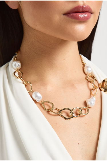Pearl Abstract Link Necklace - gold