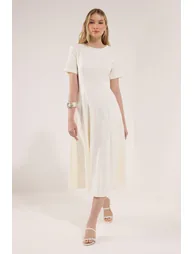 White Skirt Waist Opening Lined Midi Woven Dress - 1