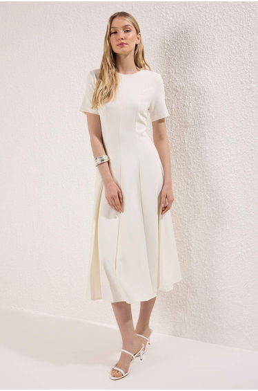 White Skirt Waist Opening Lined Midi Woven Dress