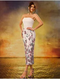 Heavy Beaded Embroidered Slim-Fit Stretch Mid-Length Strapless Dress with White Base and Prints - 5