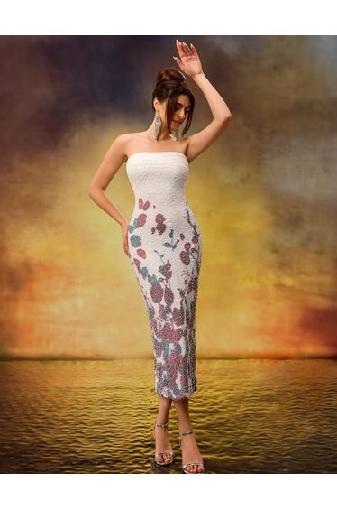 Heavy Beaded Embroidered Slim-Fit Stretch Mid-Length Strapless Dress with White Base and Prints