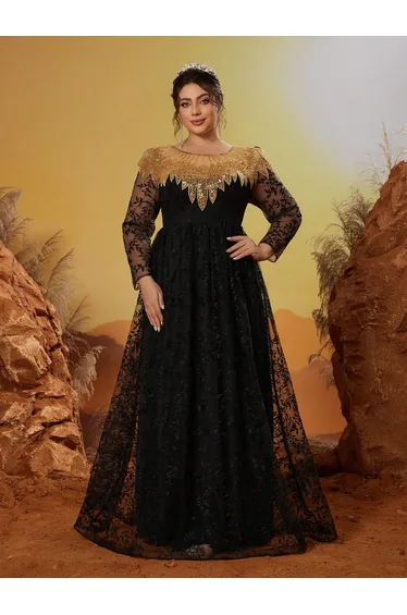 فستان ليلي أسود طول الأرض على شكل حرف A