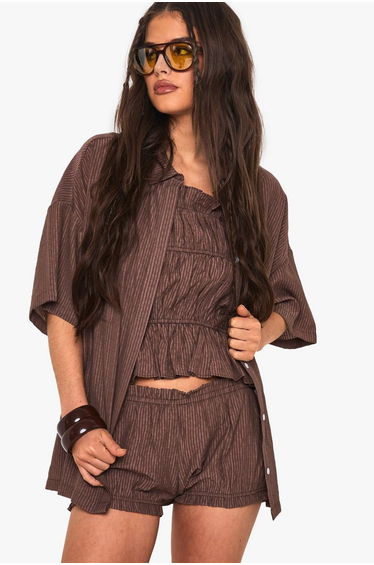 Textured Stripe Ruffle Shorts - chocolate