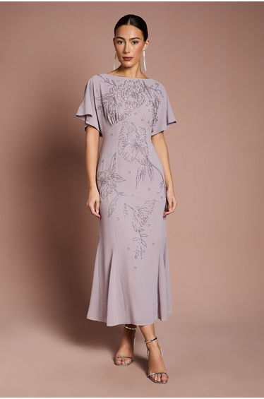Beaded Batwing Georgette Midi Dress