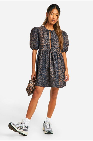 Leopard Tie Front Mini Dress - brown
