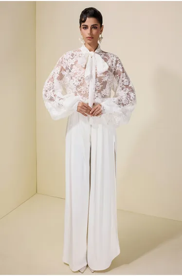 Lace Tie-Up Top & Loose Pants Set With Belt