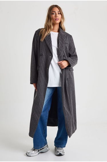 Wool Look Pinstripe Oversized Maxi Jacket - black