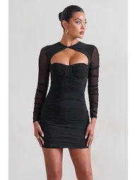 Daiquiri | Black Ruched Cut Out Mesh Mini Dress With Long Sleeves