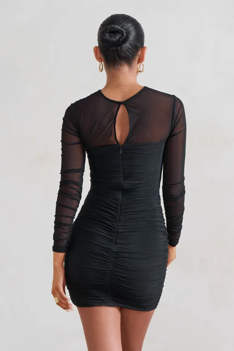 Daiquiri | Black Ruched Cut Out Mesh Mini Dress With Long Sleeves - 1