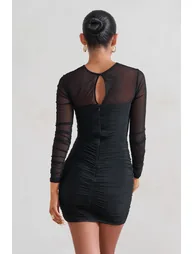 Daiquiri | Black Ruched Cut Out Mesh Mini Dress With Long Sleeves - 1
